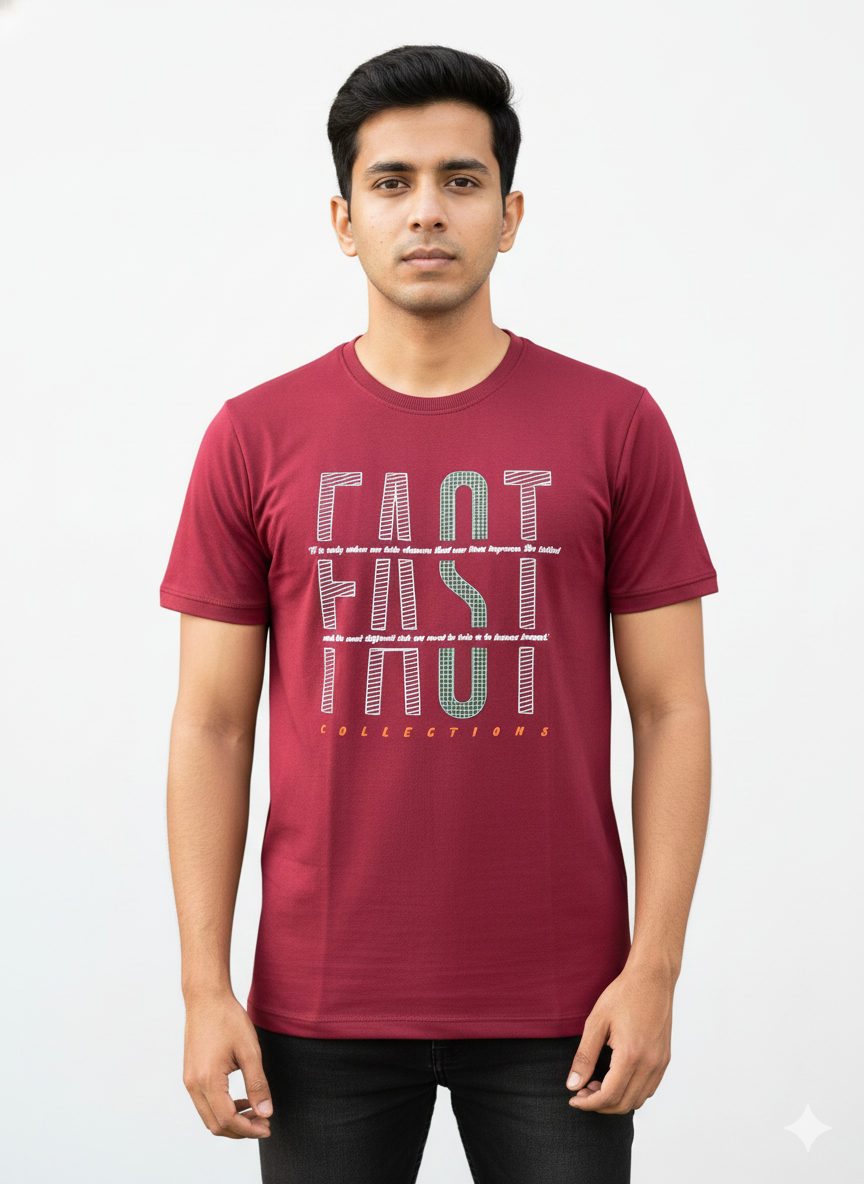 Men’s Maroon Graphic Printed Down Shoulder T-Shirt | Premium Cotton | 220 GSM