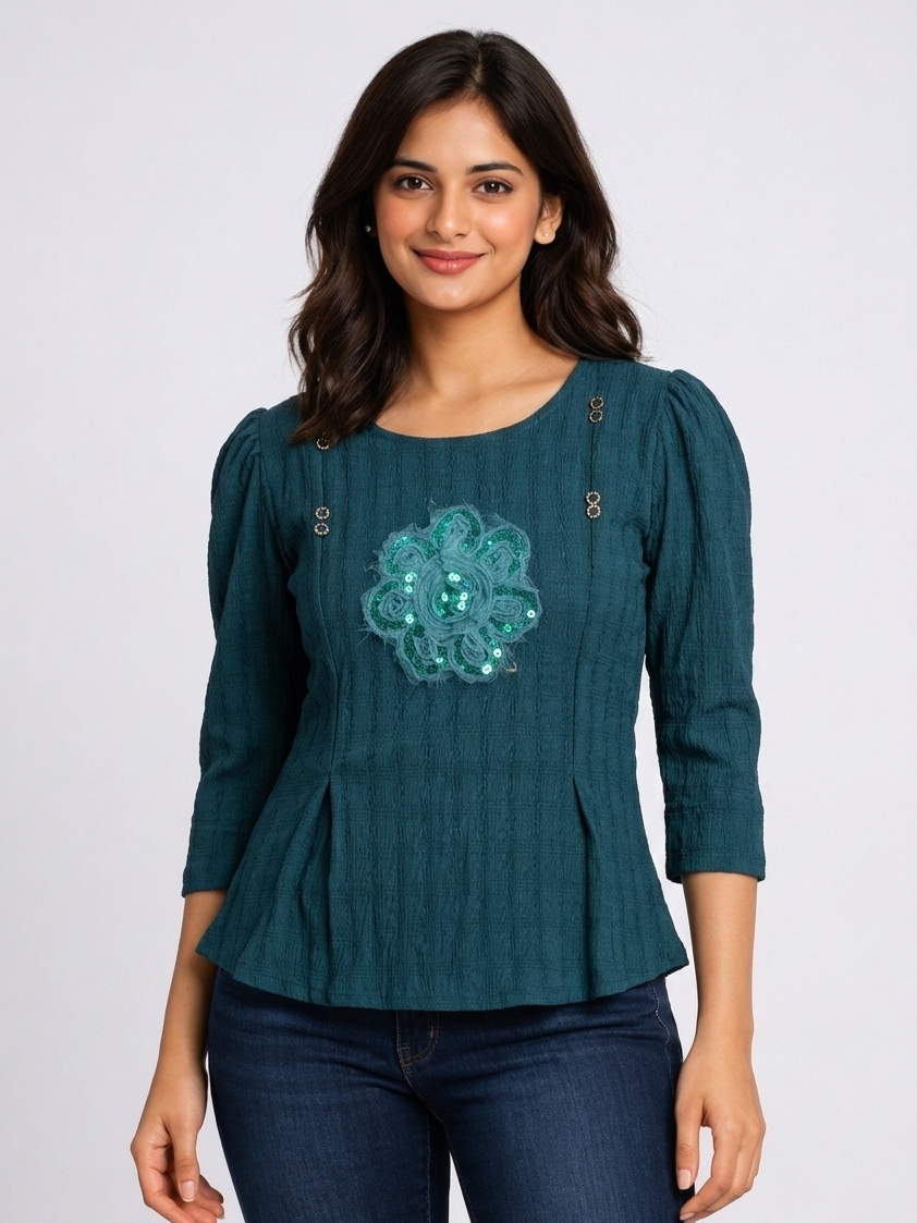 Self Design Women Peplum Top with Front Applique and Puff Sleeves