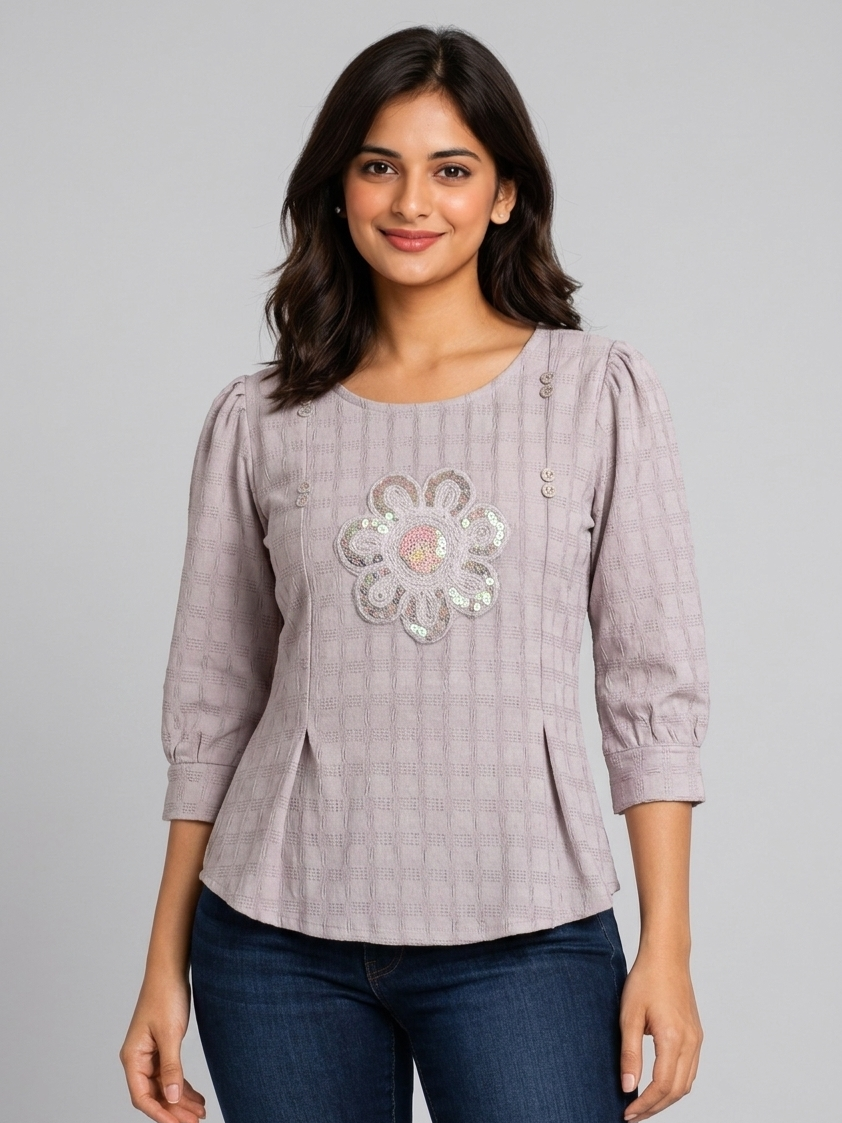 Self Design Women Peplum Top with Front Applique and Puff Sleeves