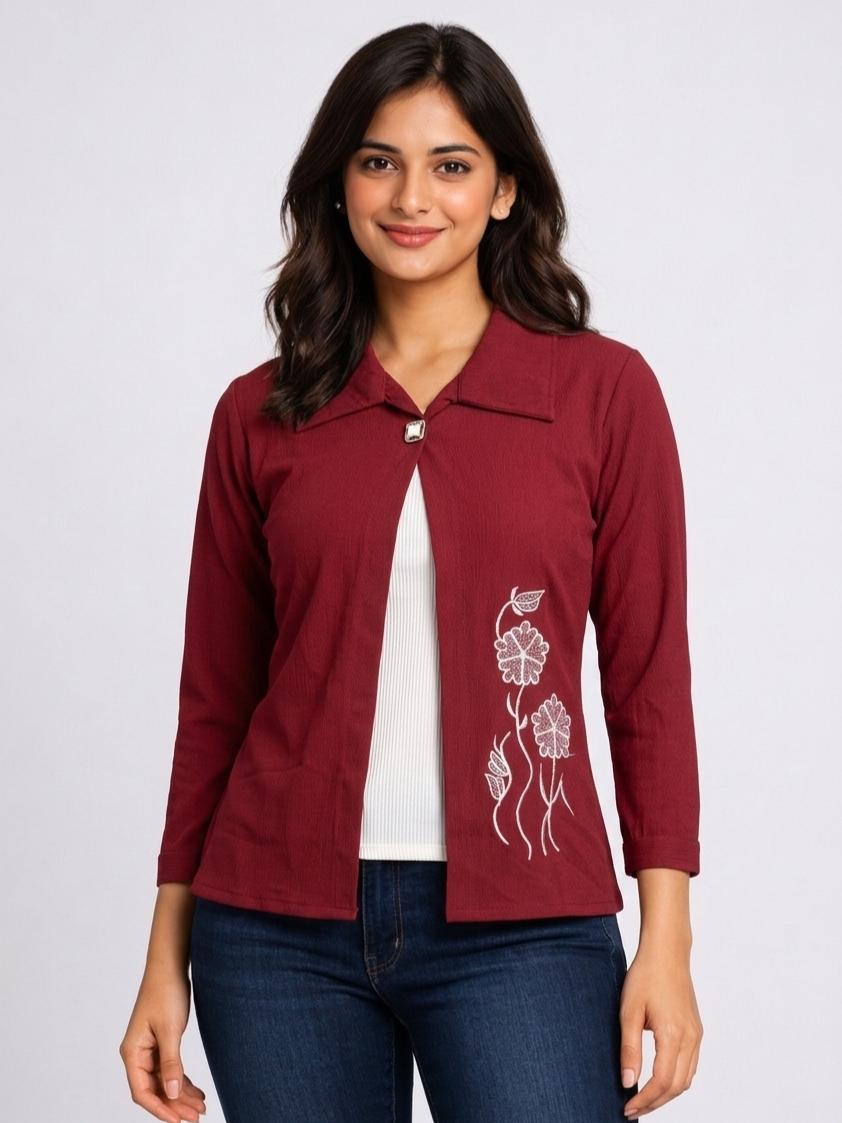 SITASONI Embroidered Open Front Shrug Style Women's Top with Collar