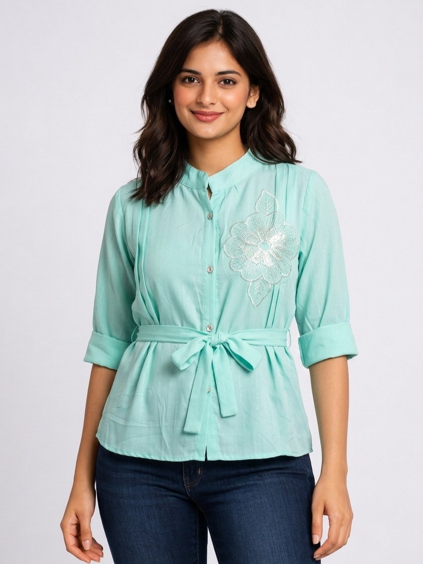 SITASONI Embroidered Floral Mandarian Collar Women's Tunic with Waist Tie-Up