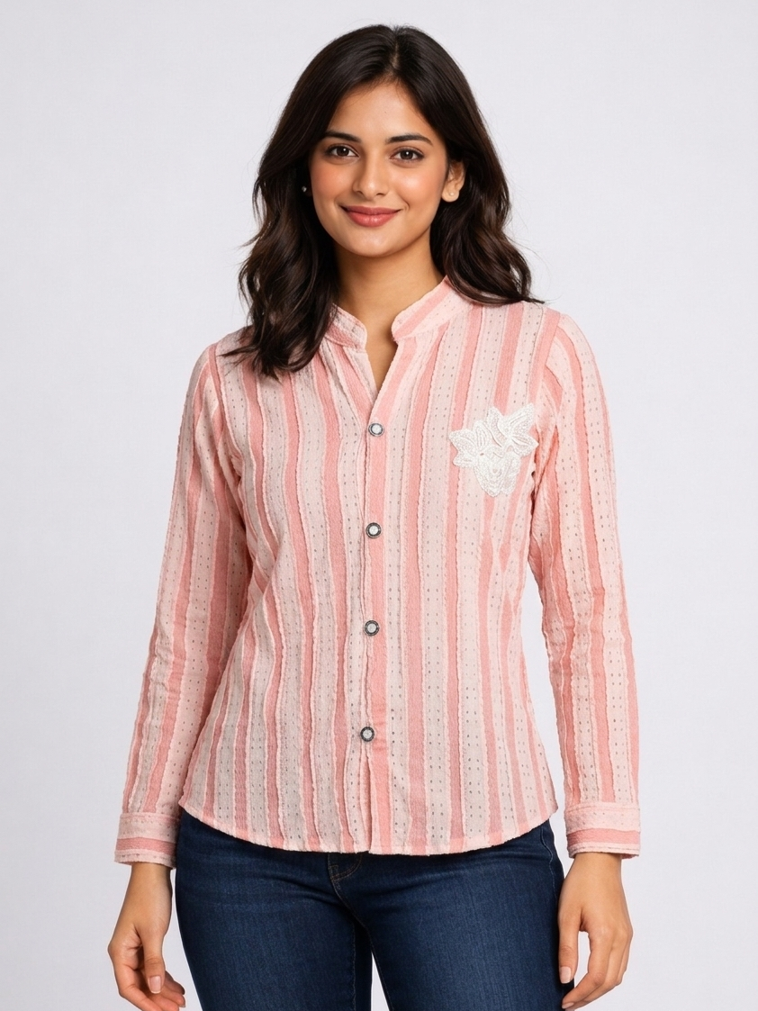 SITASONI Striped Seersucker Women's Cotton Tunic with Floral Patch