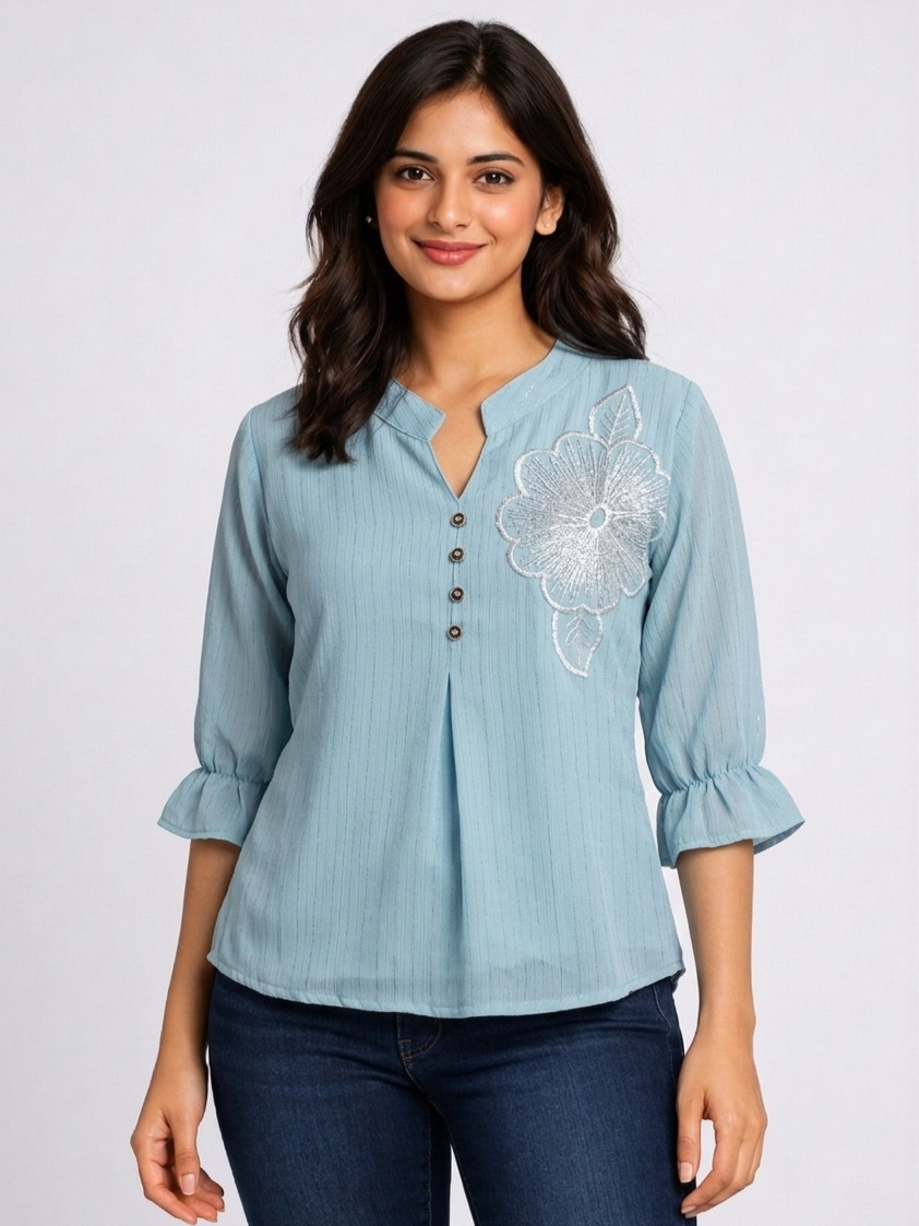 SITASONI Embroidered Floral V-Neck Women's Tunic with Bell Sleeves