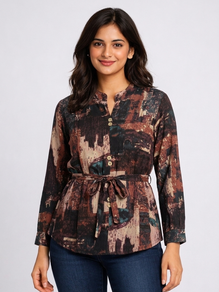SITASONI Abstract Print Women's Tunic with Waist Tie-Up Feature