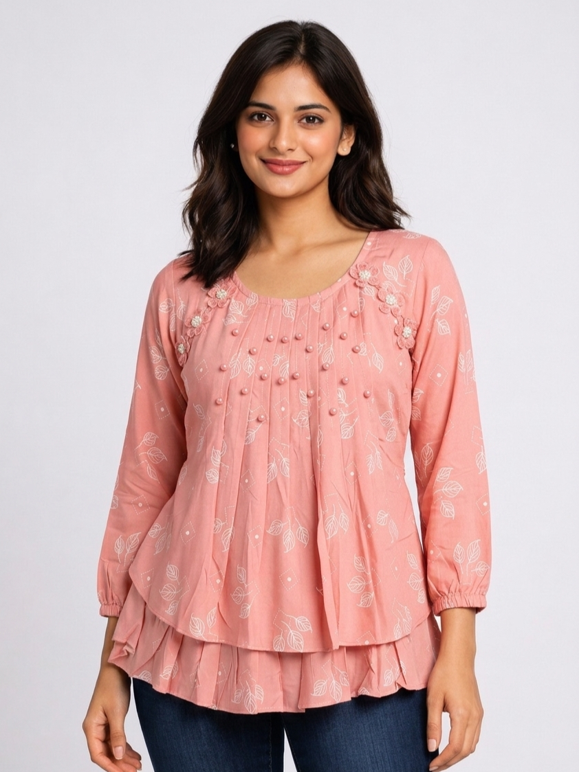 Leaf Printed Layered Women Top with Pearl Embellishment