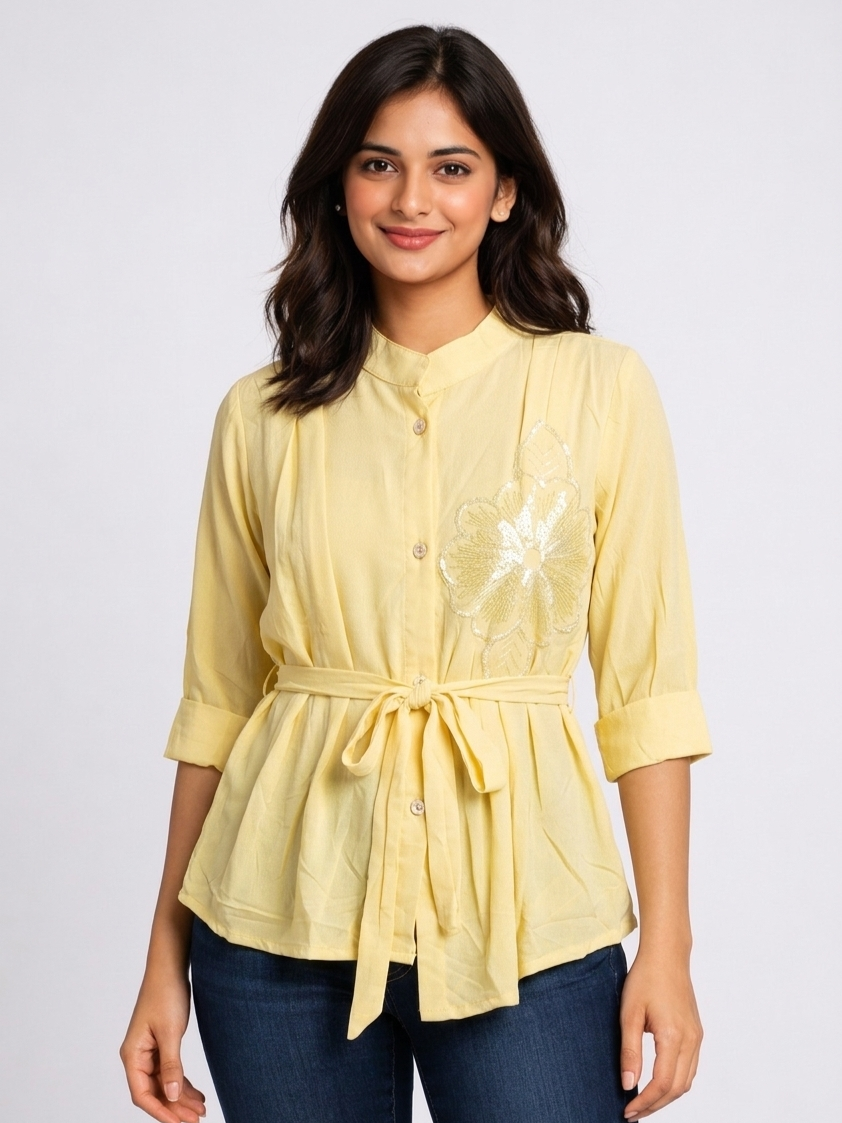 SITASONI Embroidered Floral Mandarian Collar Women's Tunic with Waist Tie-Up