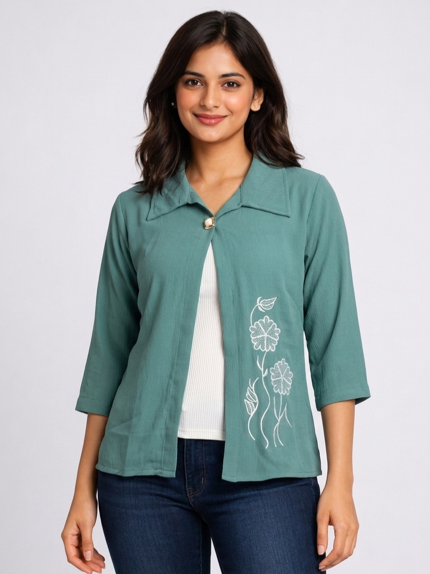 SITASONI Embroidered Open Front Shrug Style Women's Top with Collar