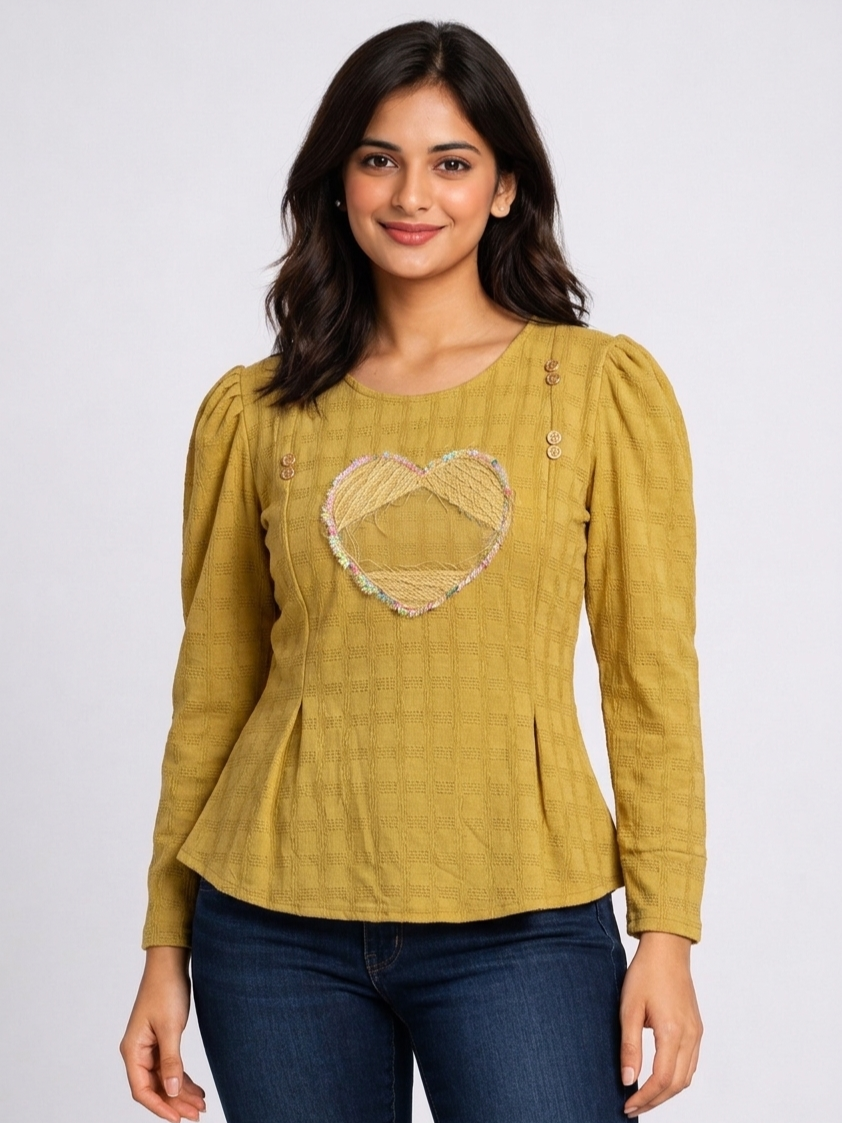 Self Design Women Peplum Top with Front Applique and Puff Sleeves