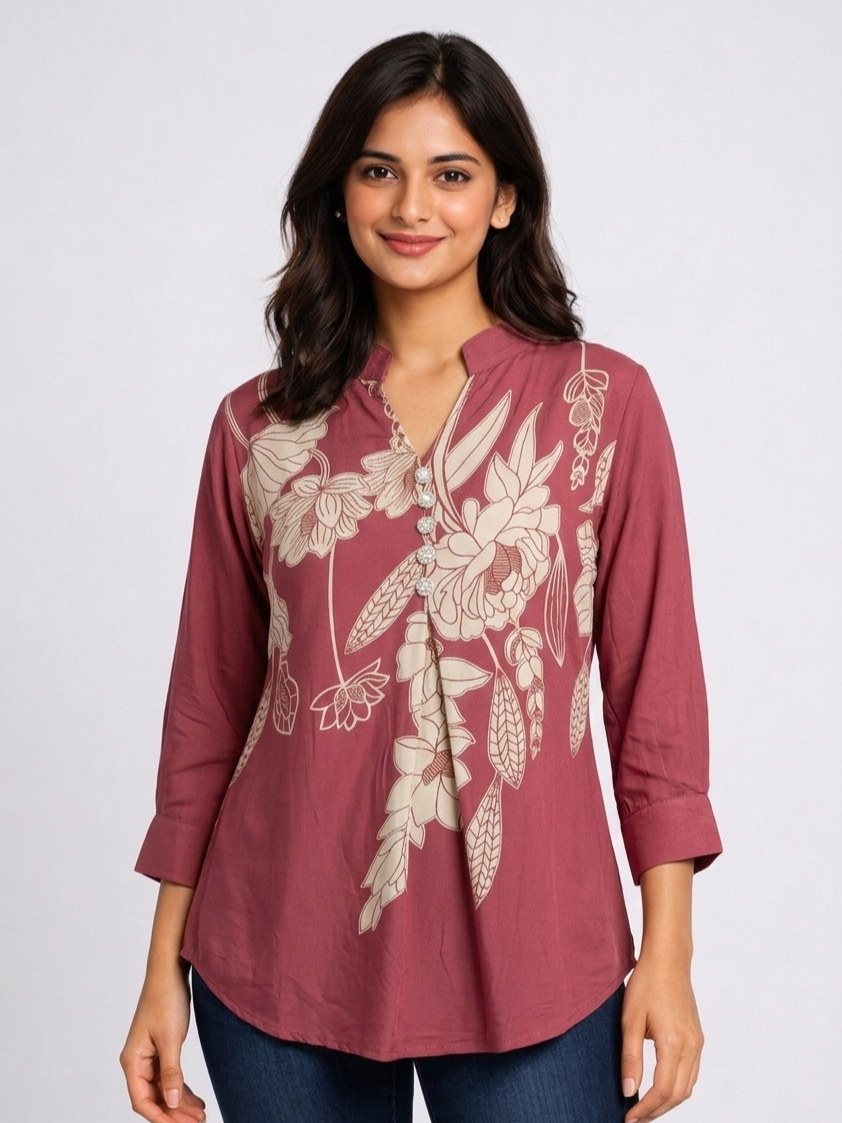 Floral Printed Women Kurti Top V-Neck with Button Detail