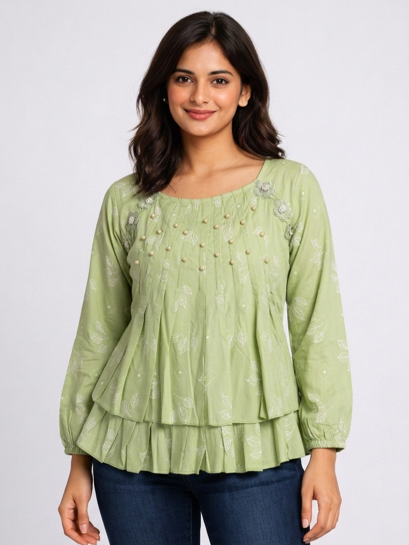 Leaf Printed Layered Women Top with Pearl Embellishment