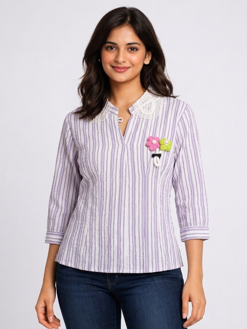 Lace Collar Striped Women Top with Floral Brooch