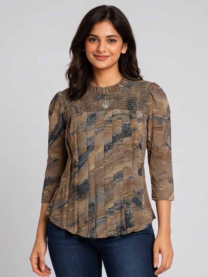 SITASONI Abstract Print Smocked Neck Women's Top with Pleated Detail