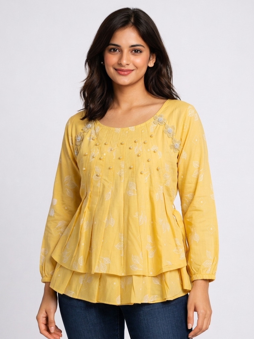 Leaf Printed Layered Women Top with Pearl Embellishment