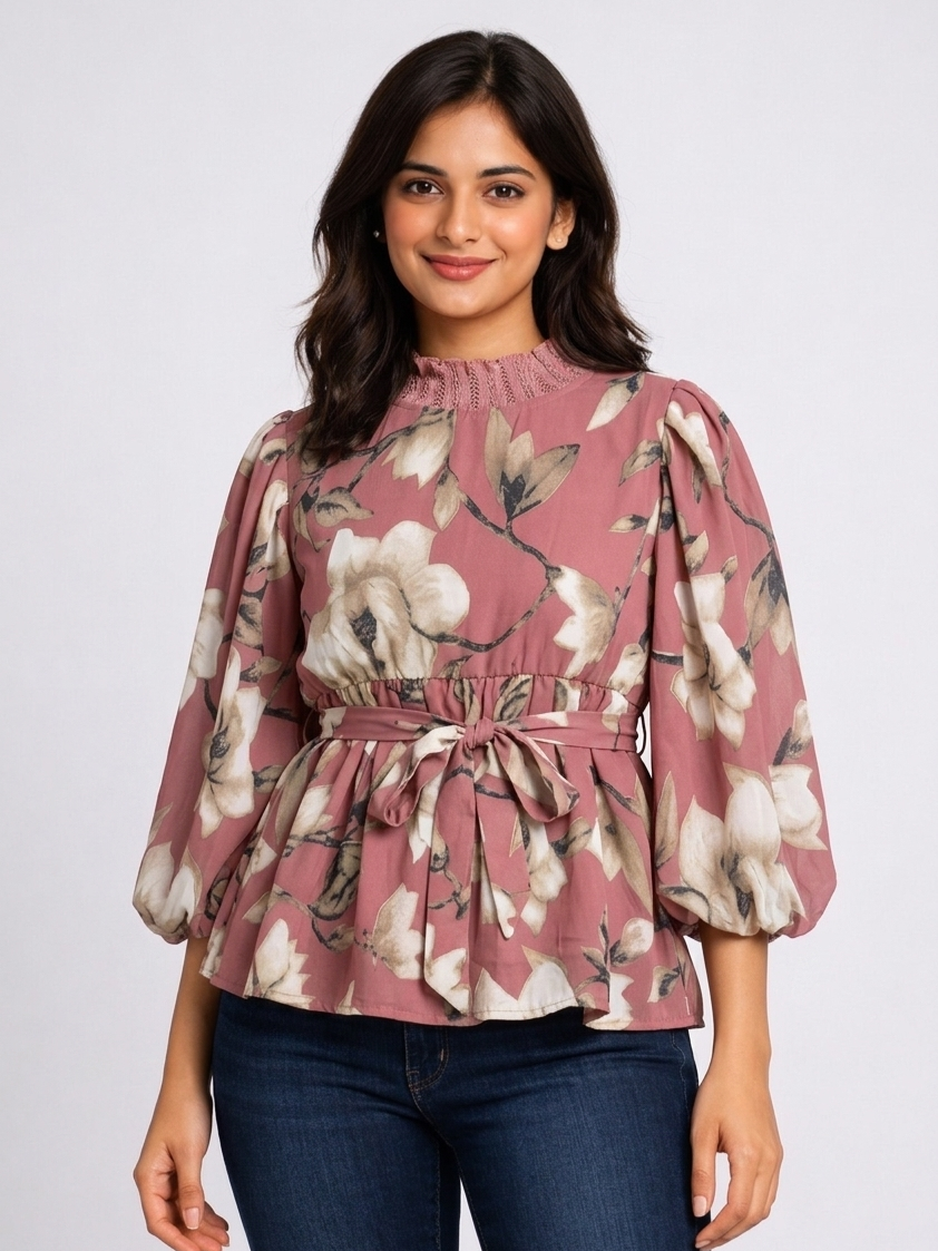 SITASONI Floral Print Smocked Neck Women's Peplum Top with Waist Tie-Up