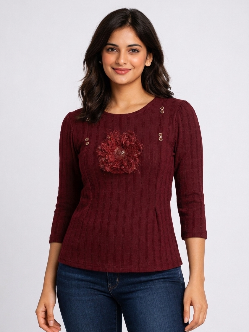 Self Design Women Peplum Top with Front Applique and Puff Sleeves