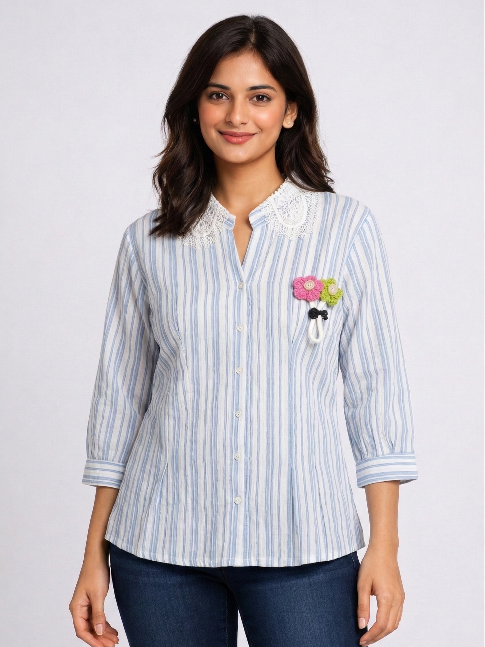 Lace Collar Striped Women Top with Floral Brooch