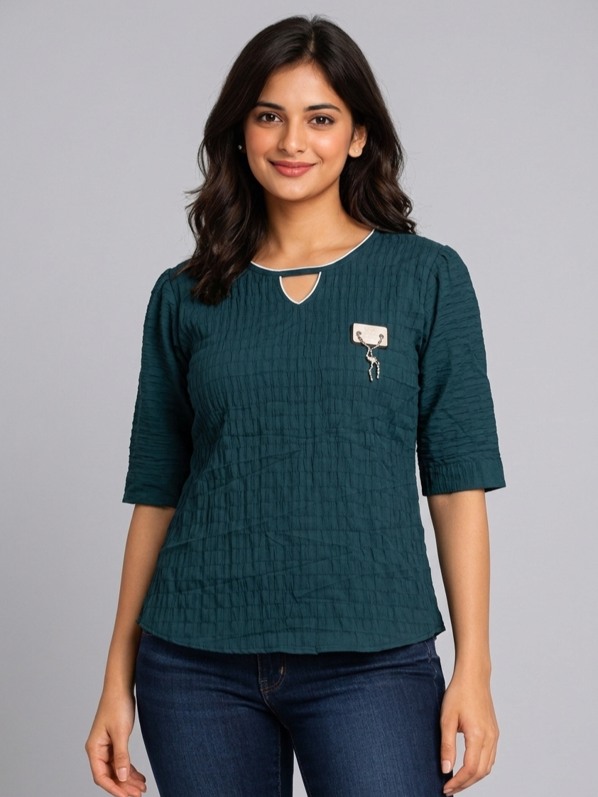 SITASONI Smocked Texture Women's Top with Metal Brooch Feature