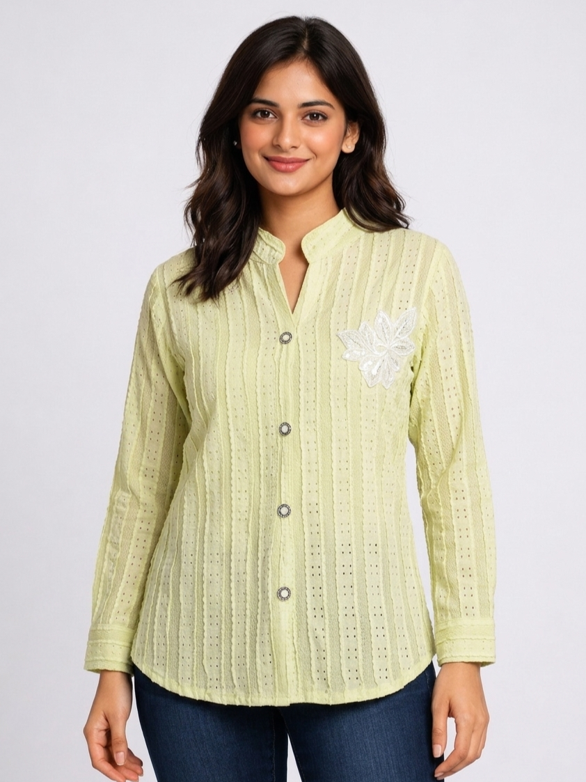 SITASONI Striped Seersucker Women's Cotton Tunic with Floral Patch