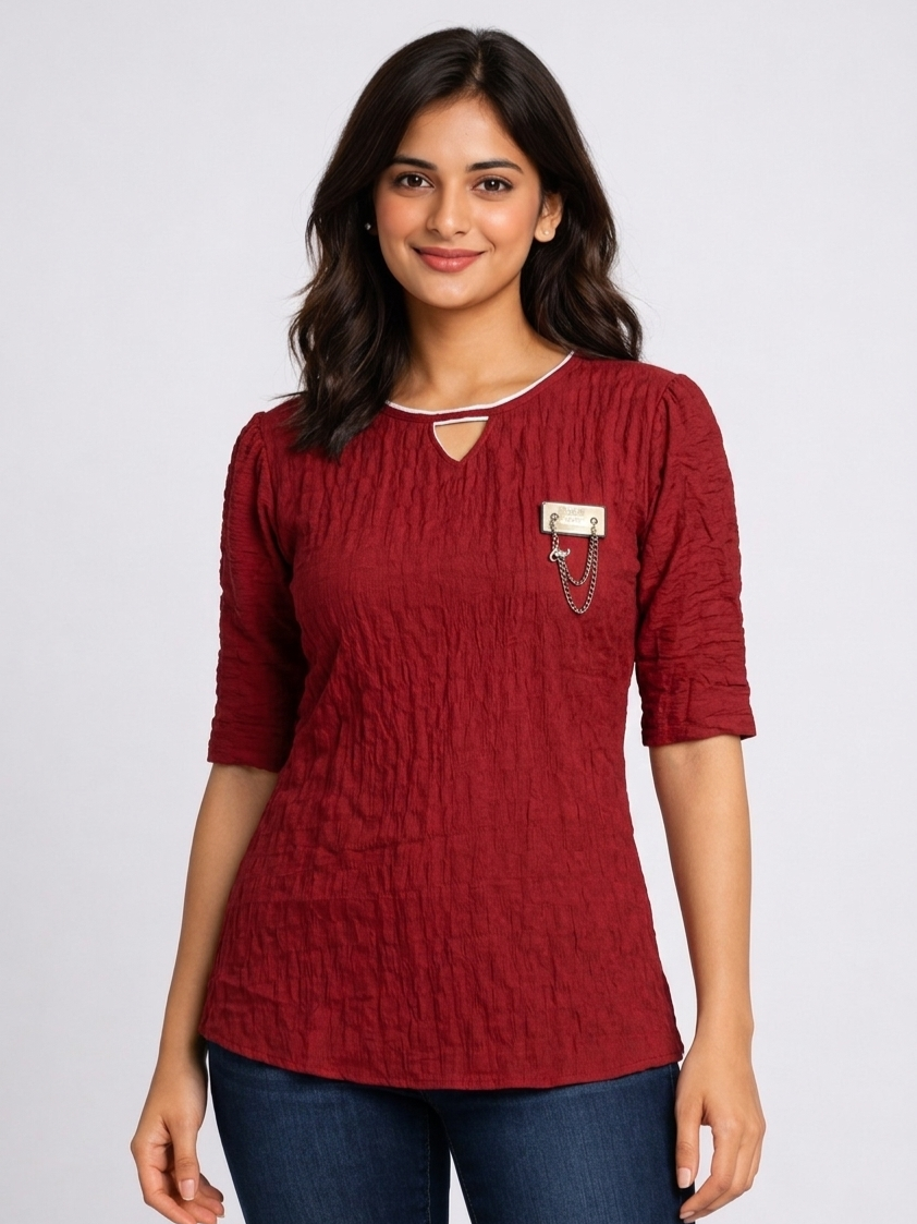 SITASONI Smocked Texture Women's Top with Metal Brooch Feature