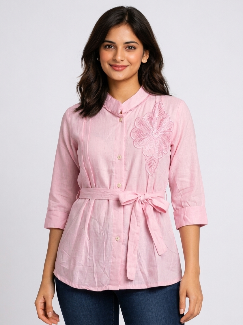 SITASONI Embroidered Floral Mandarian Collar Women's Tunic with Waist Tie-Up