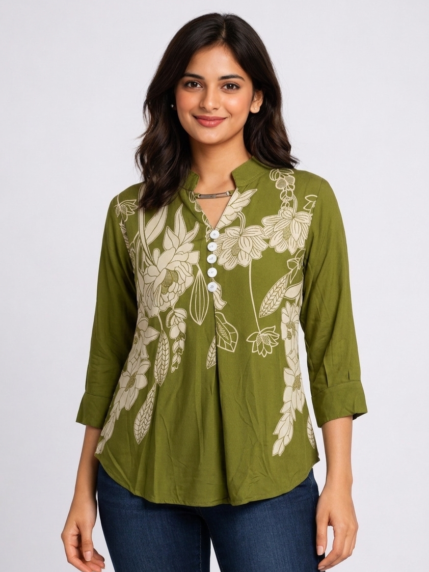 Floral Printed Women Kurti Top V-Neck with Button Detail