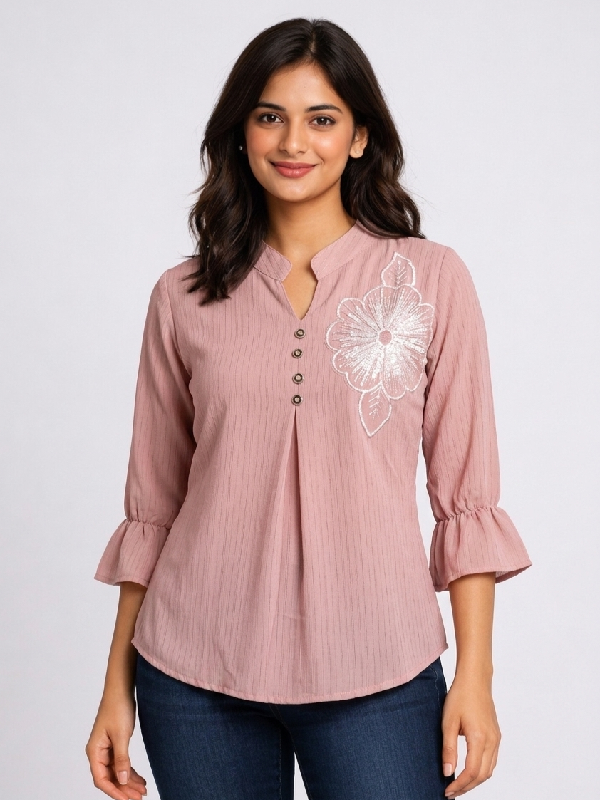 SITASONI Embroidered Floral V-Neck Women's Tunic with Bell Sleeves