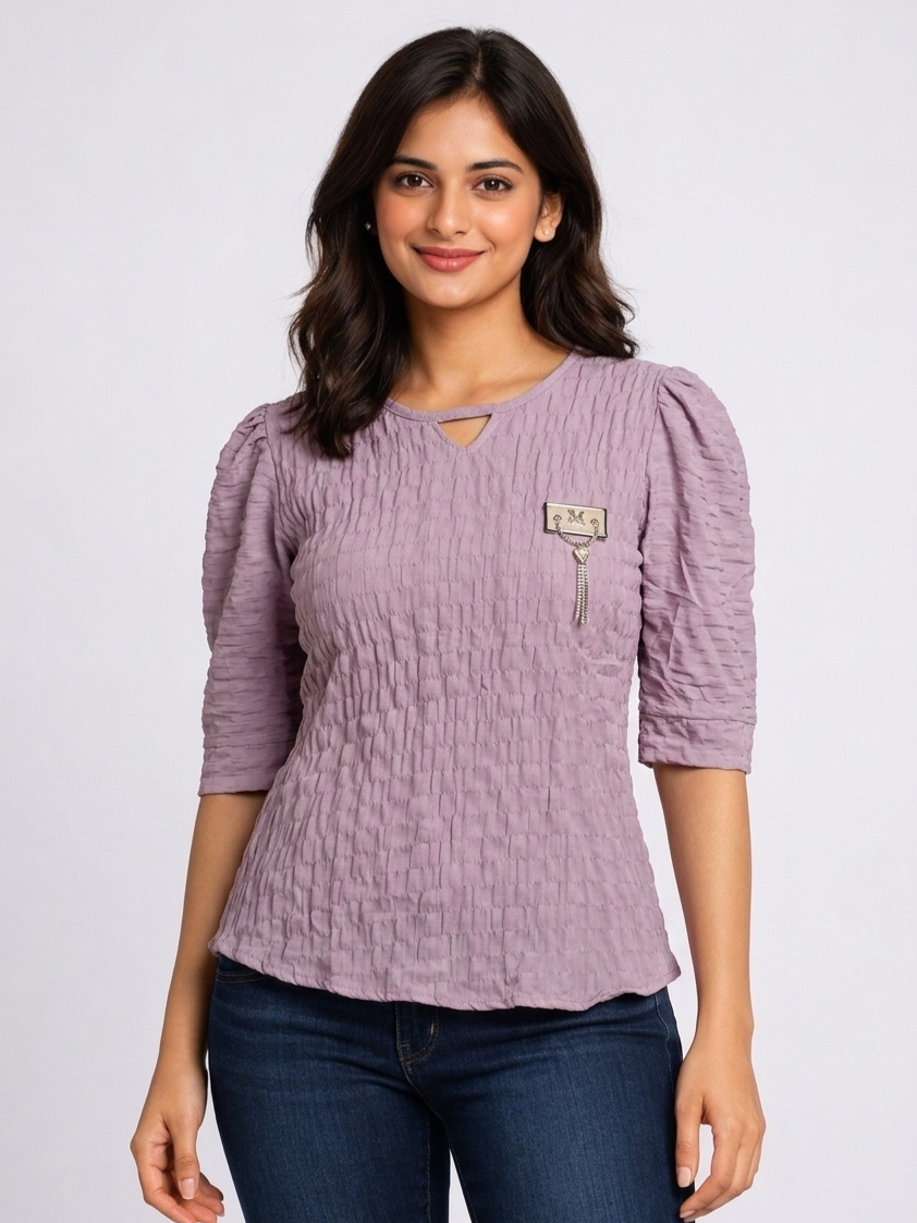 SITASONI Smocked Texture Women's Top with Metal Brooch Feature