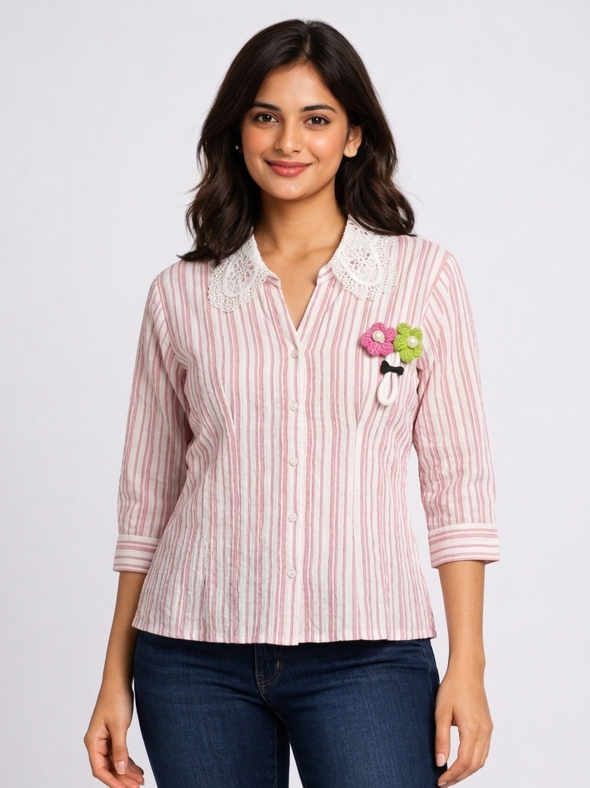 Lace Collar Striped Women Top with Floral Brooch