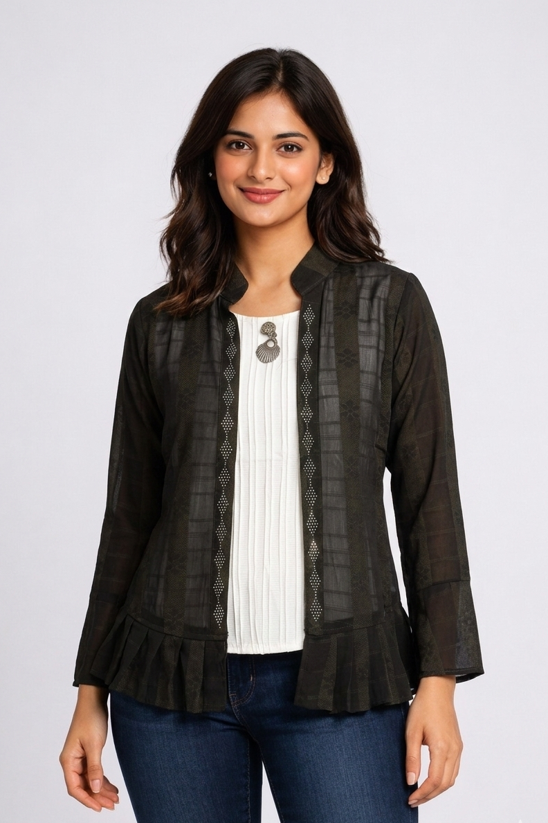 Deep Purple Georgette Layered Jacket Top with Waist Tie.