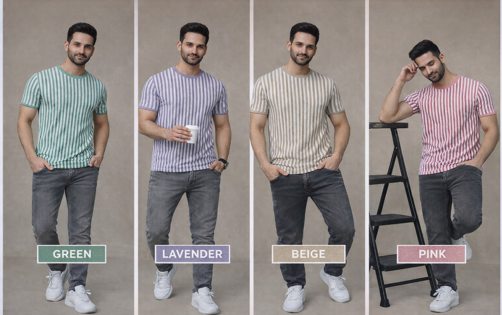 Men’s Vertical Stripe Crew Neck T-Shirt | Premium Casual Wear (Green, Lavender, Beige, Pink)
