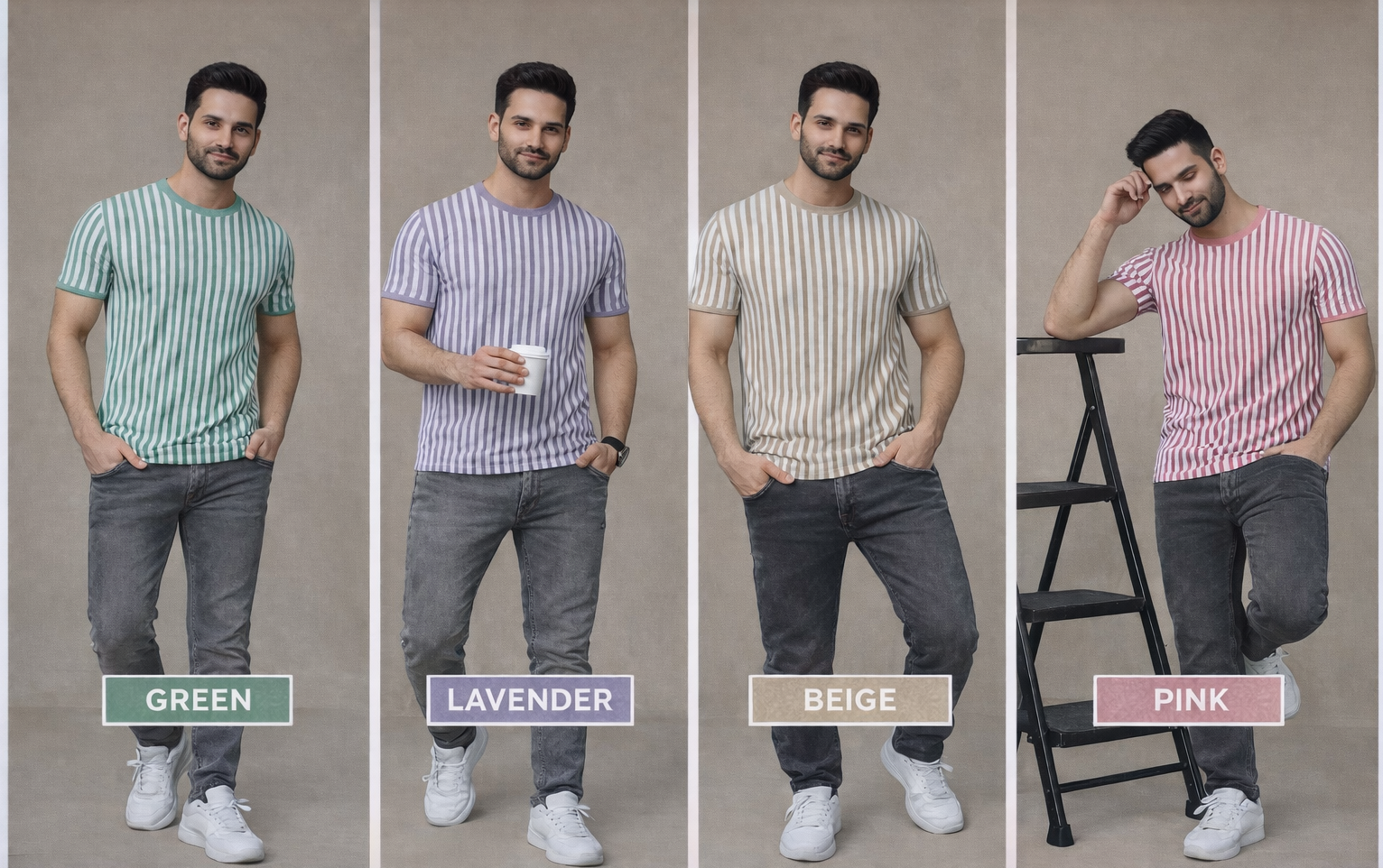 Men’s Vertical Stripe Crew Neck T-Shirt | Premium Casual Wear (Green, Lavender, Beige, Pink)