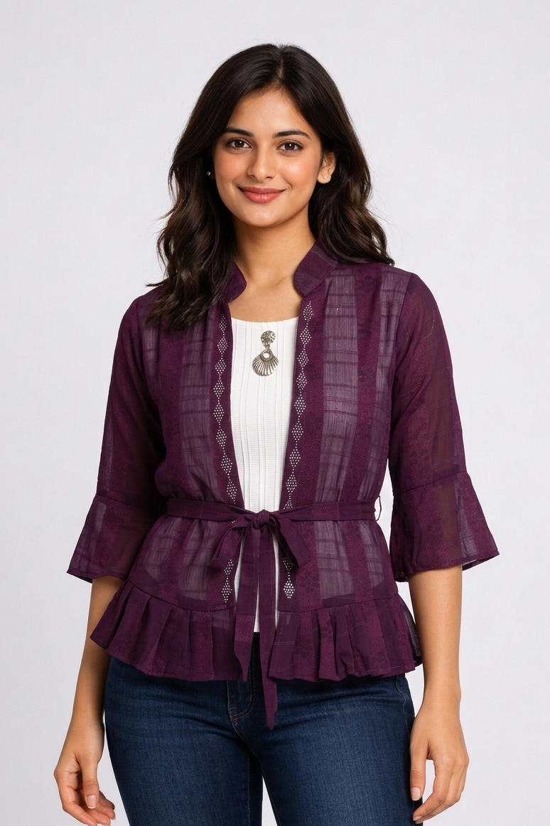 Deep Purple Georgette Layered Jacket Top with Waist Tie.