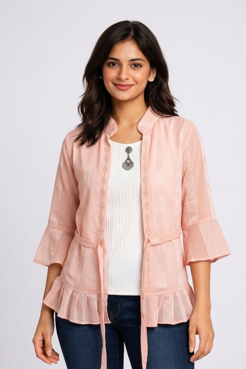 Deep Purple Georgette Layered Jacket Top with Waist Tie.